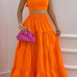 Levency New In Ruffle Trim Shirred Back Crop Maxi Skrits Set