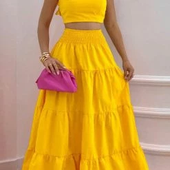 Levency New In Ruffle Trim Shirred Back Crop Maxi Skrits Set