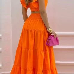 Levency New In Ruffle Trim Shirred Back Crop Maxi Skrits Set