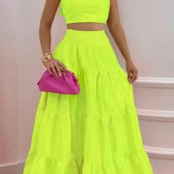 Levency New In Ruffle Trim Shirred Back Crop Maxi Skrits Set