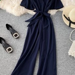 Levency Bow Tie V Neck Short Sleeve Jumpsuit