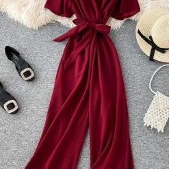 Levency Bow Tie V Neck Short Sleeve Jumpsuit