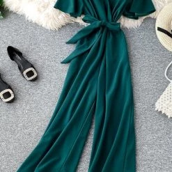 Levency Bow Tie V Neck Short Sleeve Jumpsuit