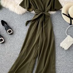 Levency Bow Tie V Neck Short Sleeve Jumpsuit