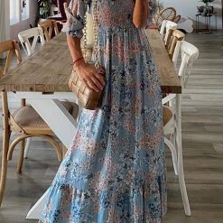 Levency Floral Print O Neck Maxi Dress