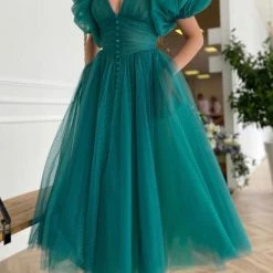 Levency Dot V Neck Button Empire Waist Mesh Maxi Dress