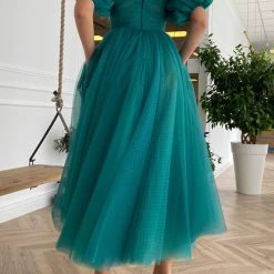 Levency Dot V Neck Button Empire Waist Mesh Maxi Dress