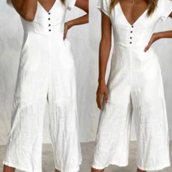 Levency New In Button V Neck Short Sleeve Jumpsuits
