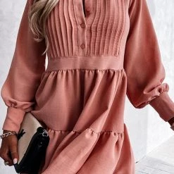 Levency Button Layered Long Sleeve Mini Dress New In
