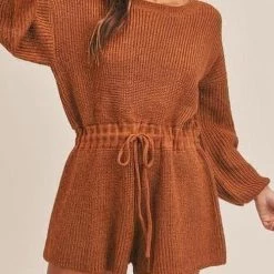 Levency O Neck Puff Long Drawstring Sweater Romper