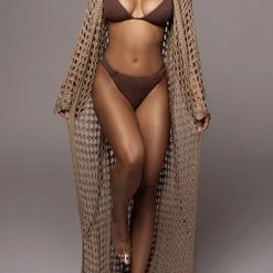 Levency Knitted Pierced Solid Color Beach Coat