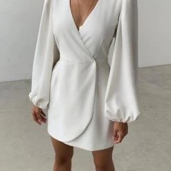 Levency V Neck Puff Sleeve Slit Hem Mini Dress New In