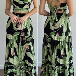Levency New In Sleeveless Backless Crop Tops Maxi Skirt Sets