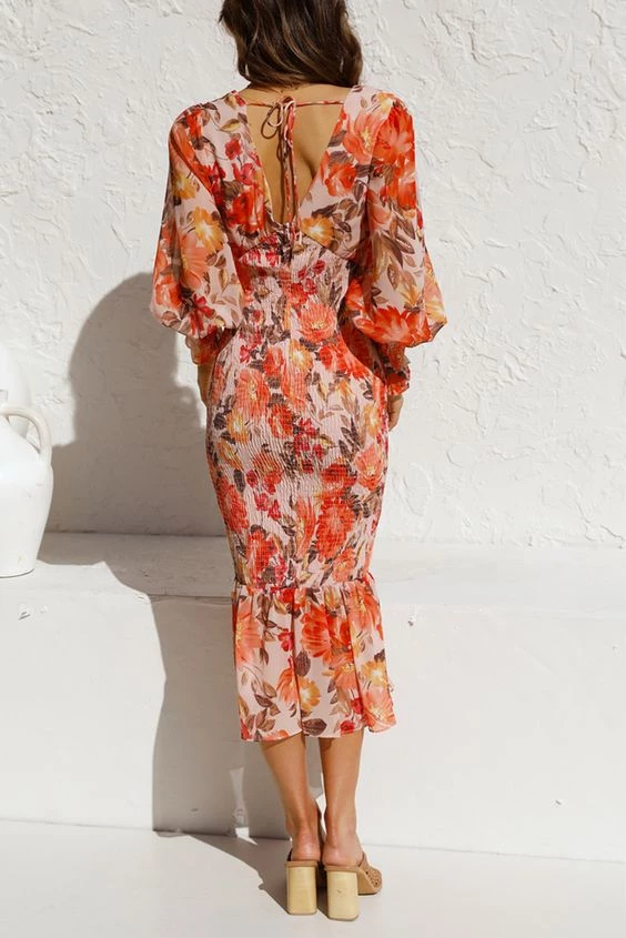 Levency New In V Neck Puff Sleeve Smocked Waist Midi Dress 9 Levency New In V Neck Puff Sleeve Smocked Waist Midi Dress