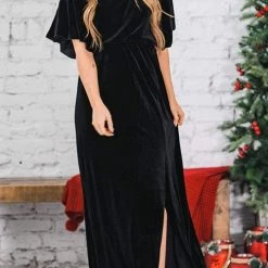 Levency New In Velvet Wlastic Waist Slit Maxi Dress