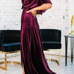 Levency New In Velvet Wlastic Waist Slit Maxi Dress