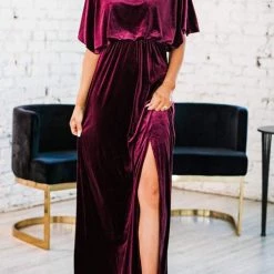 Levency New In Velvet Wlastic Waist Slit Maxi Dress