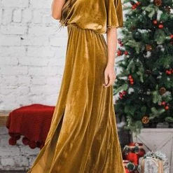 Levency New In Velvet Wlastic Waist Slit Maxi Dress