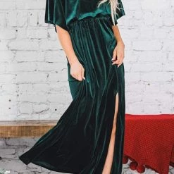 Levency New In Velvet Wlastic Waist Slit Maxi Dress