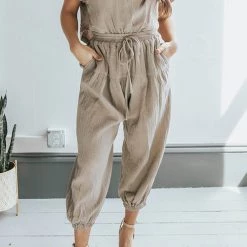 Levency Slit Back Solid Drawstring Jumpsuit