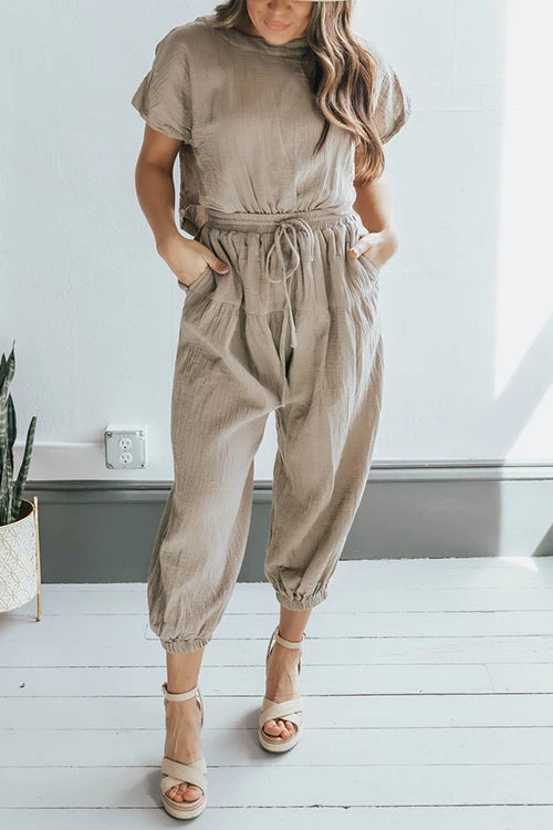 Levency Slit Back Solid Drawstring Jumpsuit 2 Levency Slit Back Solid Drawstring Jumpsuit