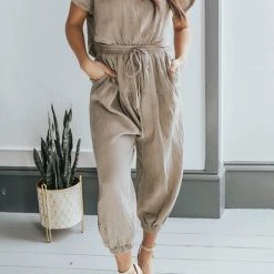 Levency Slit Back Solid Drawstring Jumpsuit 29 Levency Slit Back Solid Drawstring Jumpsuit