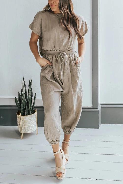 Levency Slit Back Solid Drawstring Jumpsuit 13 Levency Slit Back Solid Drawstring Jumpsuit