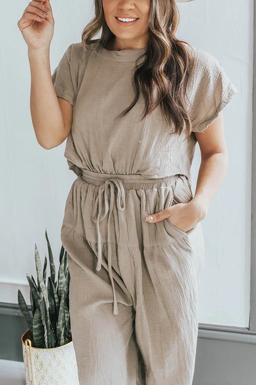 Levency Slit Back Solid Drawstring Jumpsuit 15 Levency Slit Back Solid Drawstring Jumpsuit