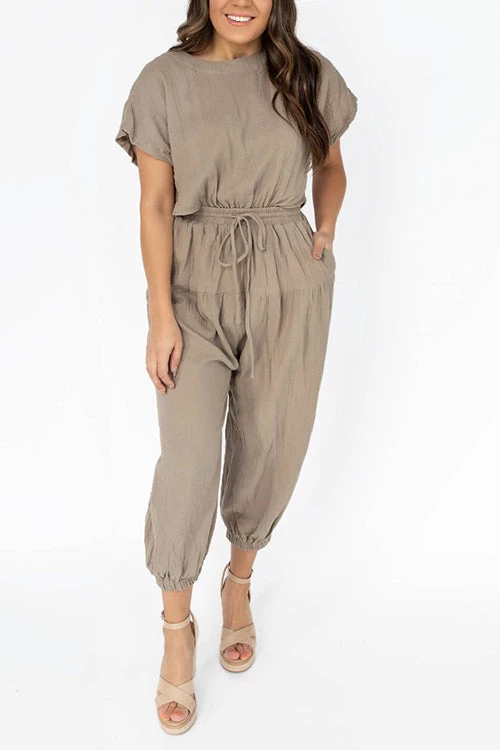 Levency Slit Back Solid Drawstring Jumpsuit 8 Levency Slit Back Solid Drawstring Jumpsuit