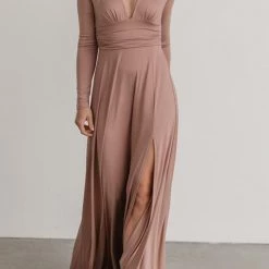 Levency V Neck Long Sleece Slit Maxi Dress New In