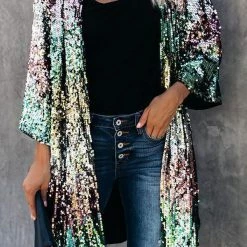 Levency Sequins Three-quarter Sleeve Buttonless Jacket
