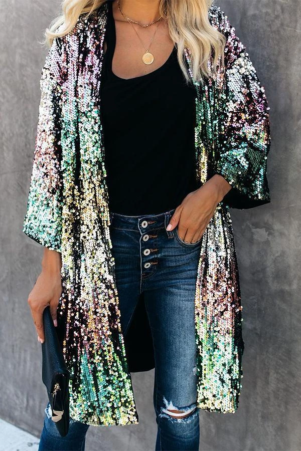 Levency Sequins Three-quarter Sleeve Buttonless Jacket 1 Levency Sequins Three-quarter Sleeve Buttonless Jacket