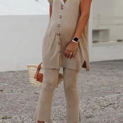 Levency Knit Button Short Sleeve Cardigan Pants Set