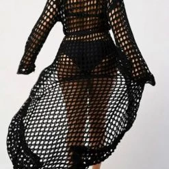 Levency Knitted Pierced Solid Color Beach Coat