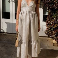 Levency New In V Neck Backless Tiered Maxi Dress