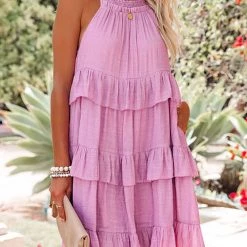 Levency Smocked Halter Tiered Babydoll Dress New In