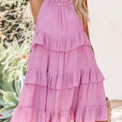 Levency Smocked Halter Tiered Babydoll Dress New In