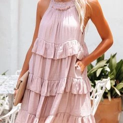 Levency Smocked Halter Tiered Babydoll Dress New In