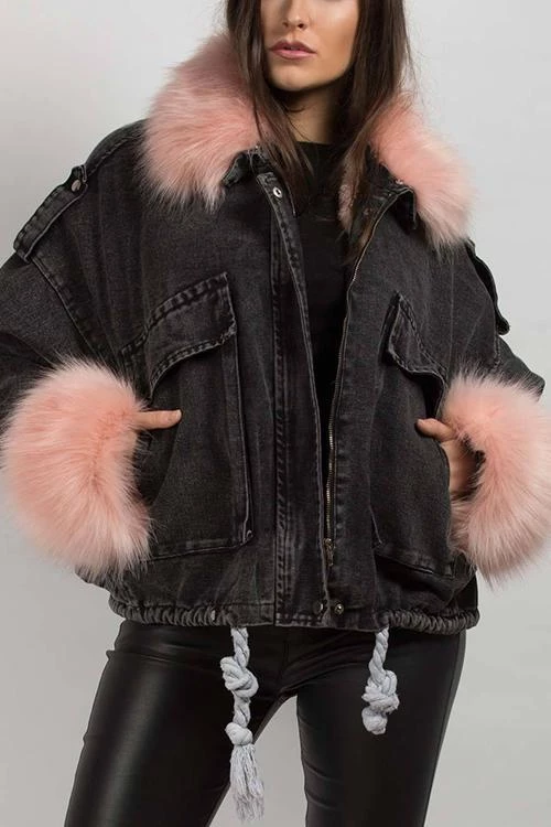 Levency Detachable Fuzzy Faux Fur Collar Denim Coat New In 4 Levency Detachable Fuzzy Faux Fur Collar Denim Coat New In