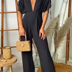Levency V Neck Pleated Ruched Bat Sleeves Jumpsuit New In