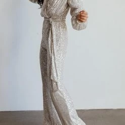 Levency New In Sequin Draped Belted Puff Sleeve Wide Leg Jumpsuit