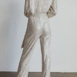 Levency New In Sequin Draped Belted Puff Sleeve Wide Leg Jumpsuit