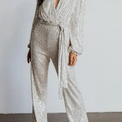 Levency New In Sequin Draped Belted Puff Sleeve Wide Leg Jumpsuit