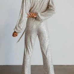 Levency New In Sequin Draped Belted Puff Sleeve Wide Leg Jumpsuit