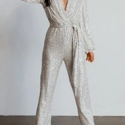 Levency New In Sequin Draped Belted Puff Sleeve Wide Leg Jumpsuit