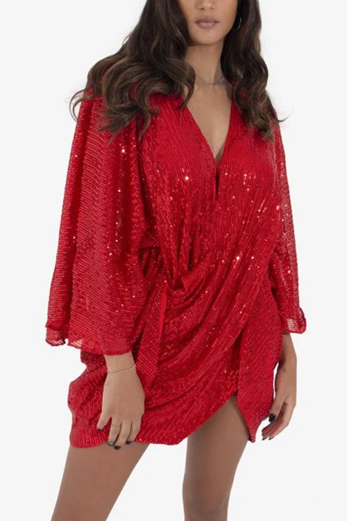 Levency V Neck Sequins Backless Bat Ruched Mini Dress New In 4 Levency V Neck Sequins Backless Bat Ruched Mini Dress New In
