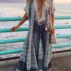 Levency Print V Neck Short Sleeve Maxi Dress