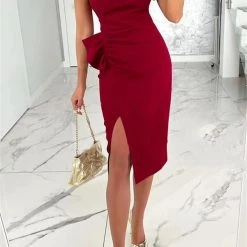 Levency O Neck Ruffle Sleeve Ruched Slit Midi Dress