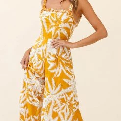 Levency New In Palm Print Slip Wide Leg Jumpsuits