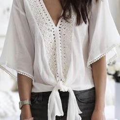 Levency New In V Neck Knot Embroidery Bell Sleeve Blouse